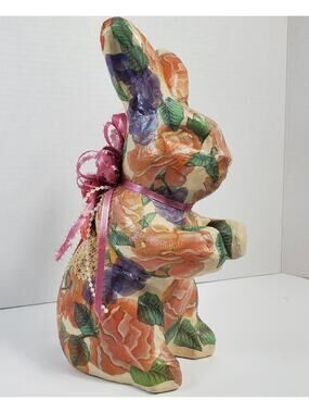 Decoupage Floral Paper Mache Bunny 10.5" Easter Decor Lace Pearl Ribbon